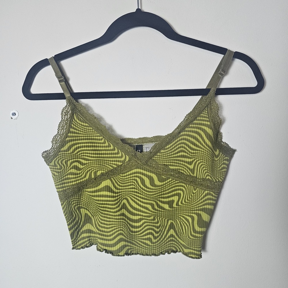VTG Divided S Babydoll Crop‎ Top Lace Trim Green Rib Knit Psychedelic Fairy Y2K